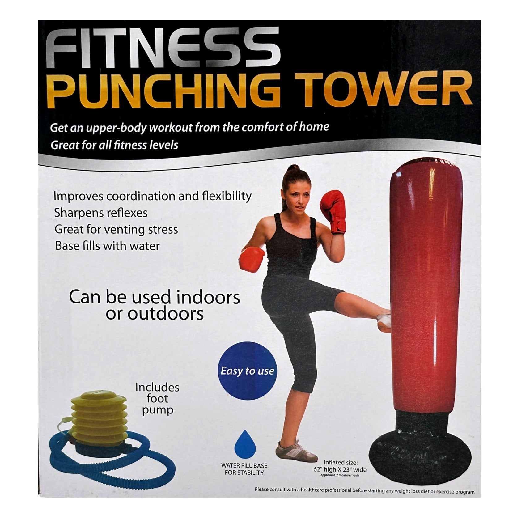 Product image for a "Fitness Punching Tower" featuring a woman in workout clothes kicking a red punching bag. A yellow foot pump is also shown.